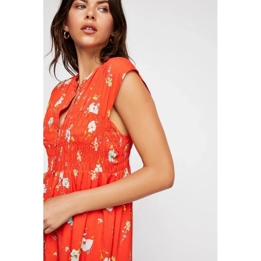Free People Dress Greatest Day Smocked Button Down Orange Floral Mini